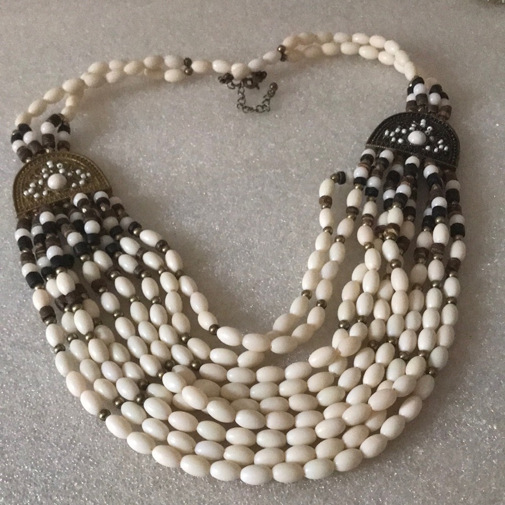 Beaded Multi-Row Statement Necklace - White and Bronze